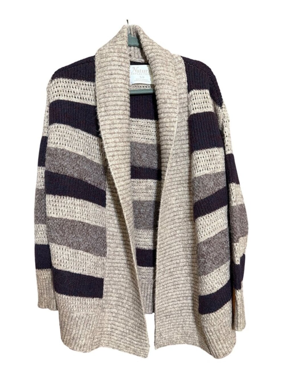 Natural Reflections Striped Open Cardigan Sweater Beige Brown Oversized Sz S